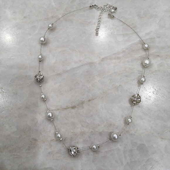 Vintage Faux Pearl and Pave Rhinestone Station Necklace Silver Tone - Picture 1 of 3